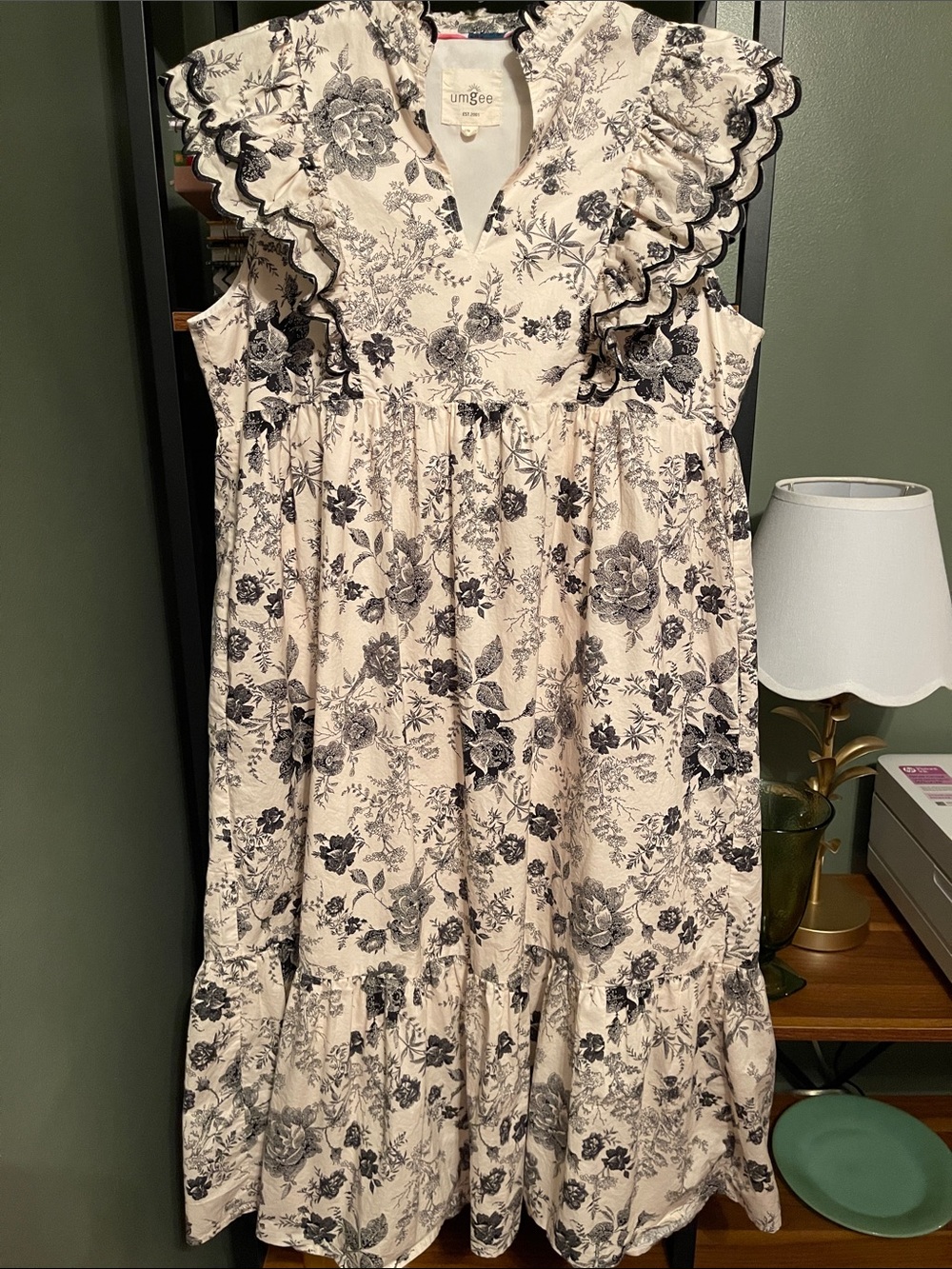Umgee Cream Dress with Black Floral Print and Ruffle Shoulders